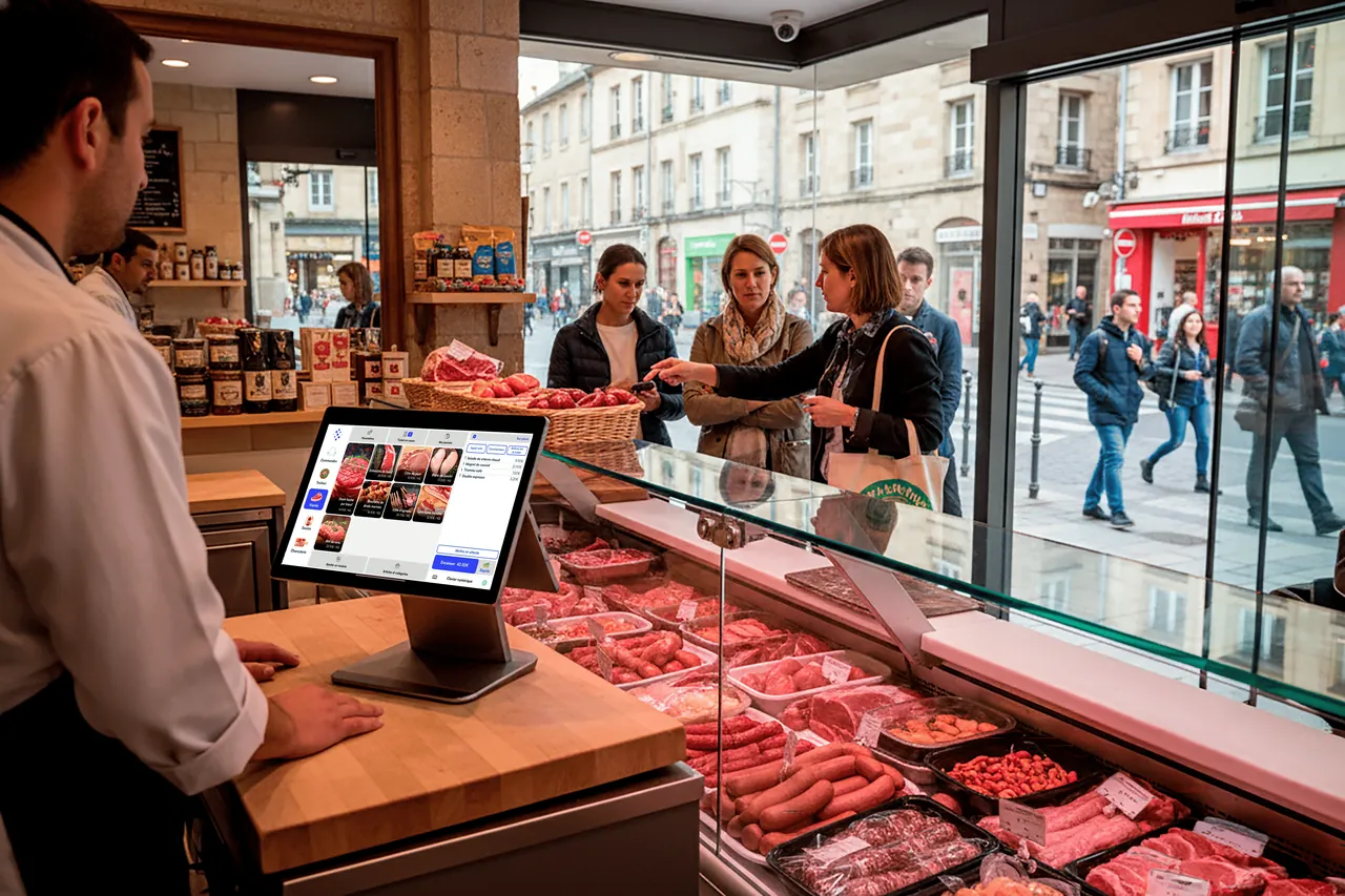 Bouchère souriante présentant un steak cru à son comptoir dans une boucherie.