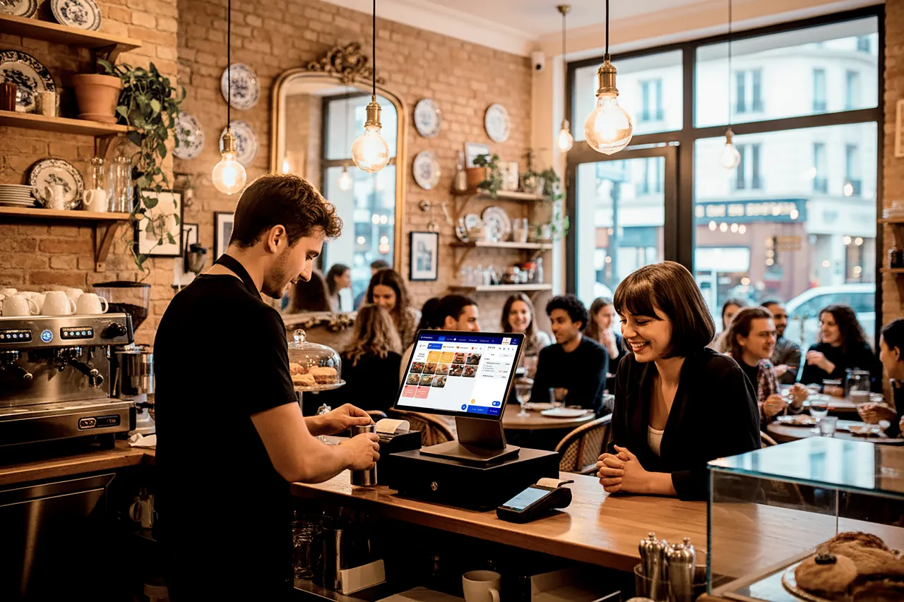 Intérieur d'un bar-café avec un comptoir en bois, des bouteilles en arrière-plan et une caisse enregistreuse tactile.