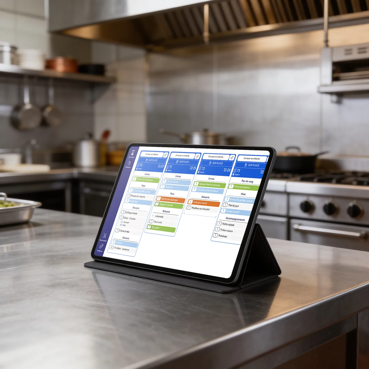 Tablette affichant une interface de planification de repas avec menus et listes de courses sur un plan de travail de cuisine professionnelle.