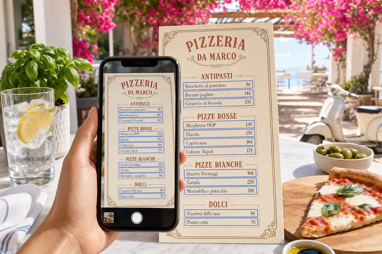 Carte papier d'une pizzeria photographiée au smartphone, plats et prix encadrés à l'écran, part de pizza margherita à côté.