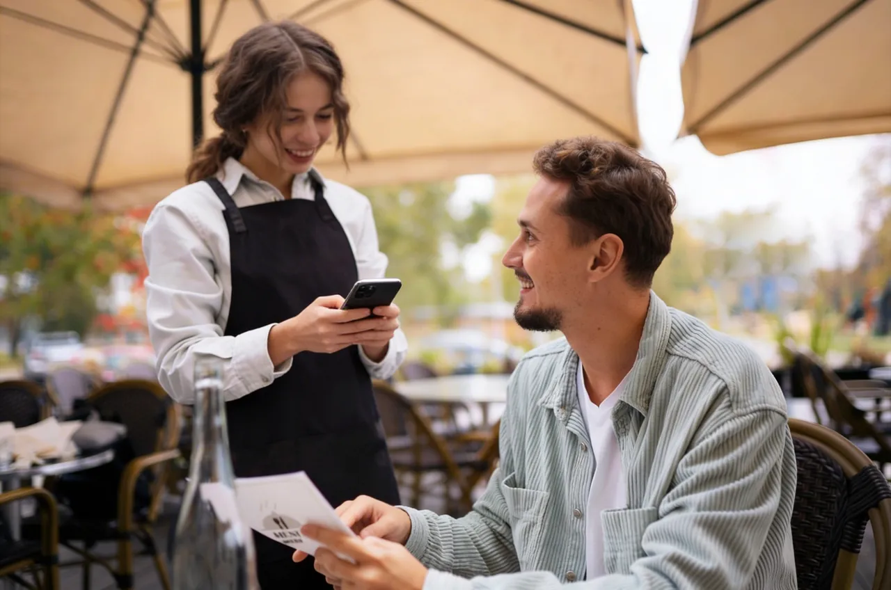 Pizzéria, serveur prenant la commande à la table via pad shopcaisse