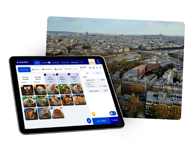 Caisse enregistreuse shopcaisse en main, en environnement de commerce à Paris