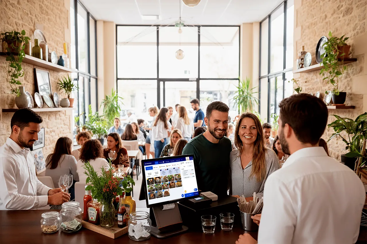 Couple souriant en train de commander à un caissier dans un restaurant animé avec une caisse enregistreuse tactile moderne.