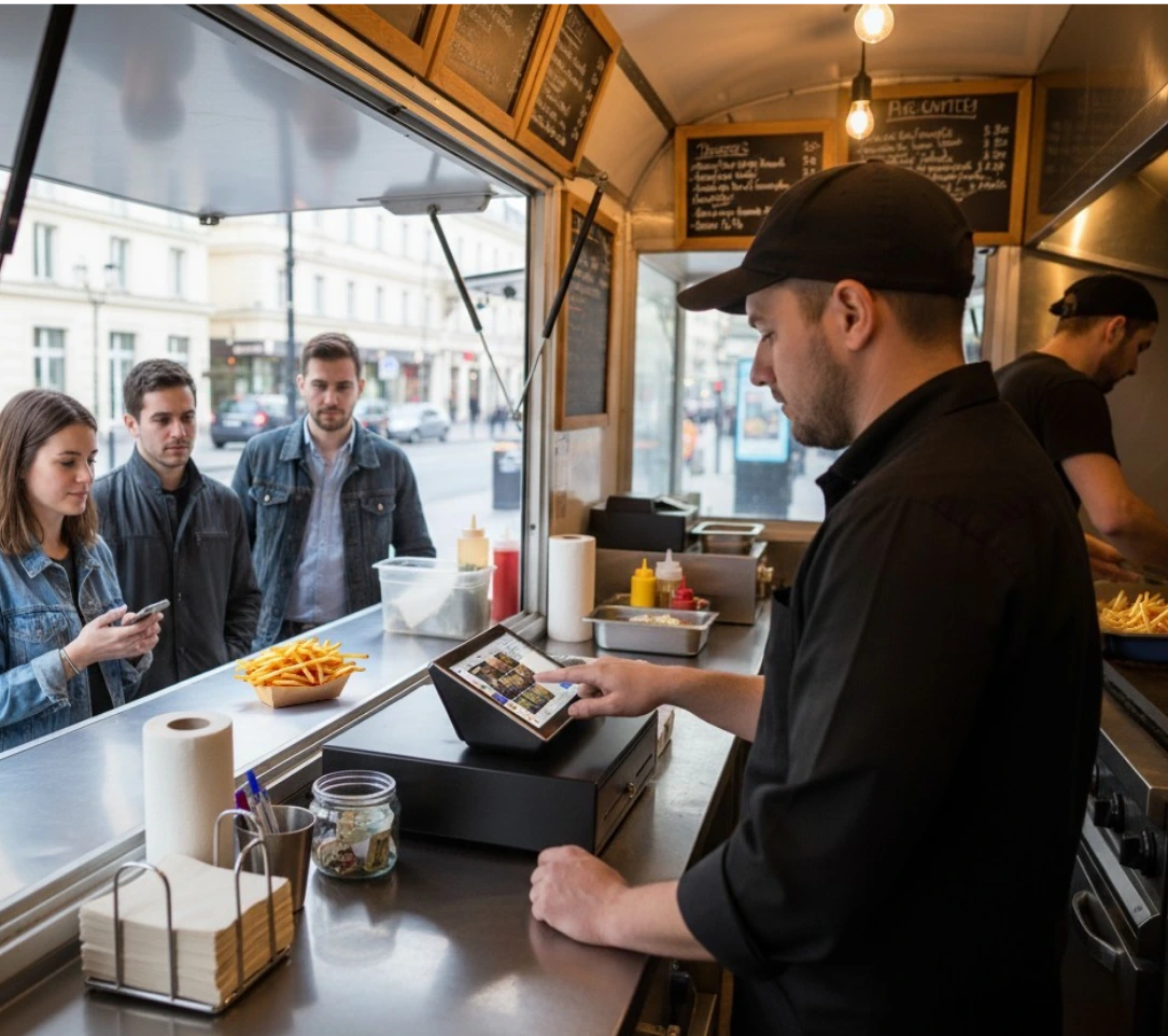 Comptoir de friterie avec frites en présentation et caisse enregistreuse tactile, employé servant un client.