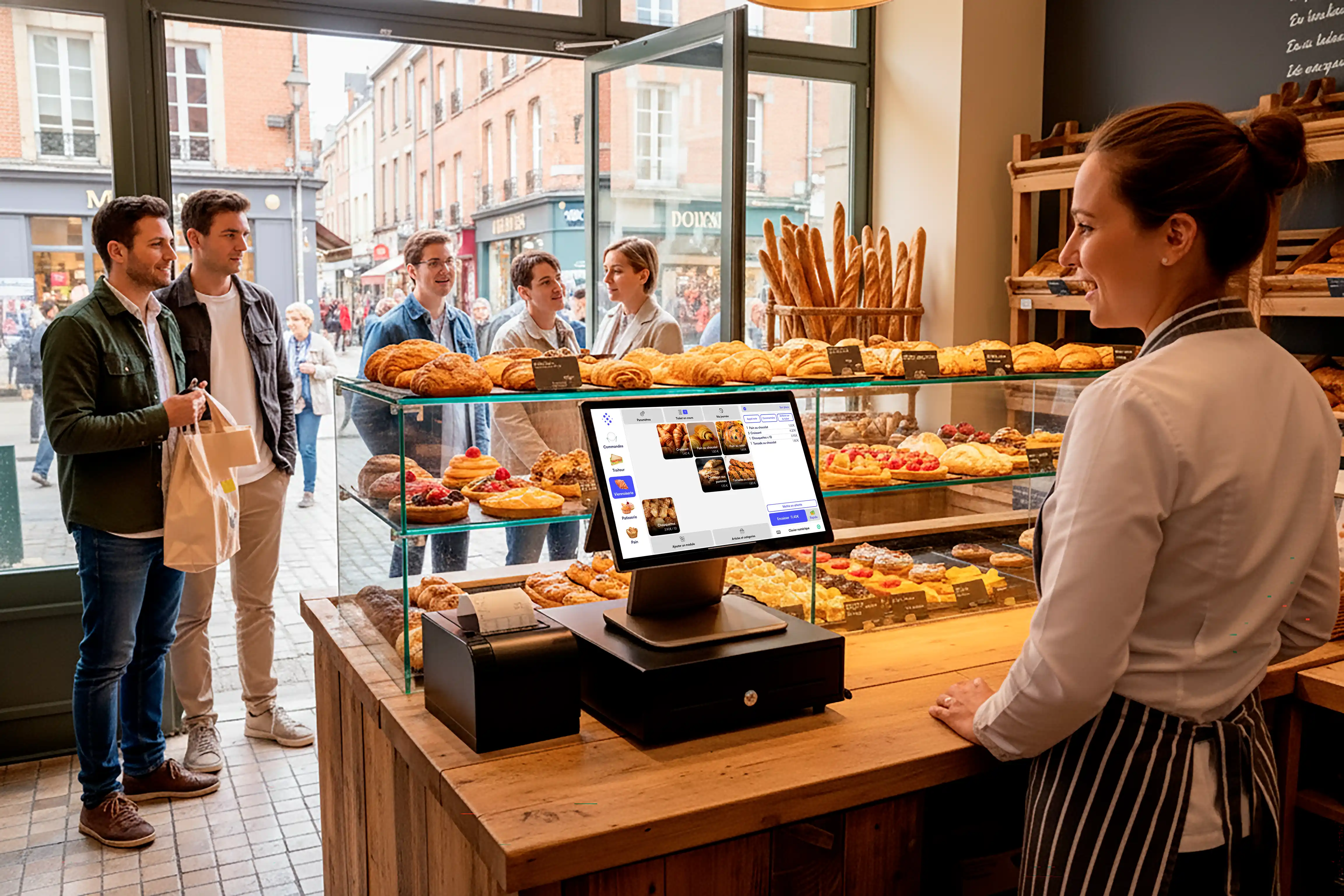 Boulangère souriante derrière un comptoir bois avec caisse tactile, clients attendant devant la vitrine.