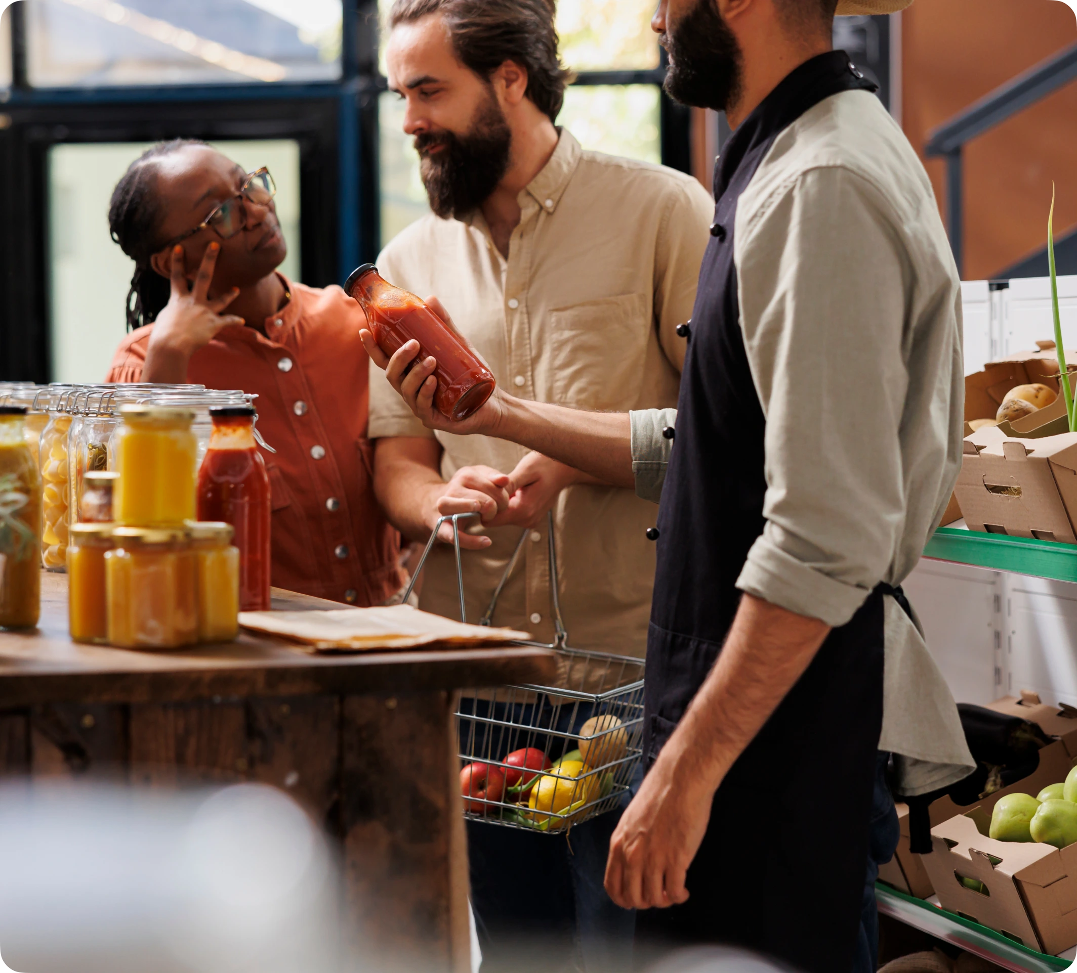 Intérieur d'une épicerie fine avec produits en vrac et caisse enregistreuse tactile au comptoir.