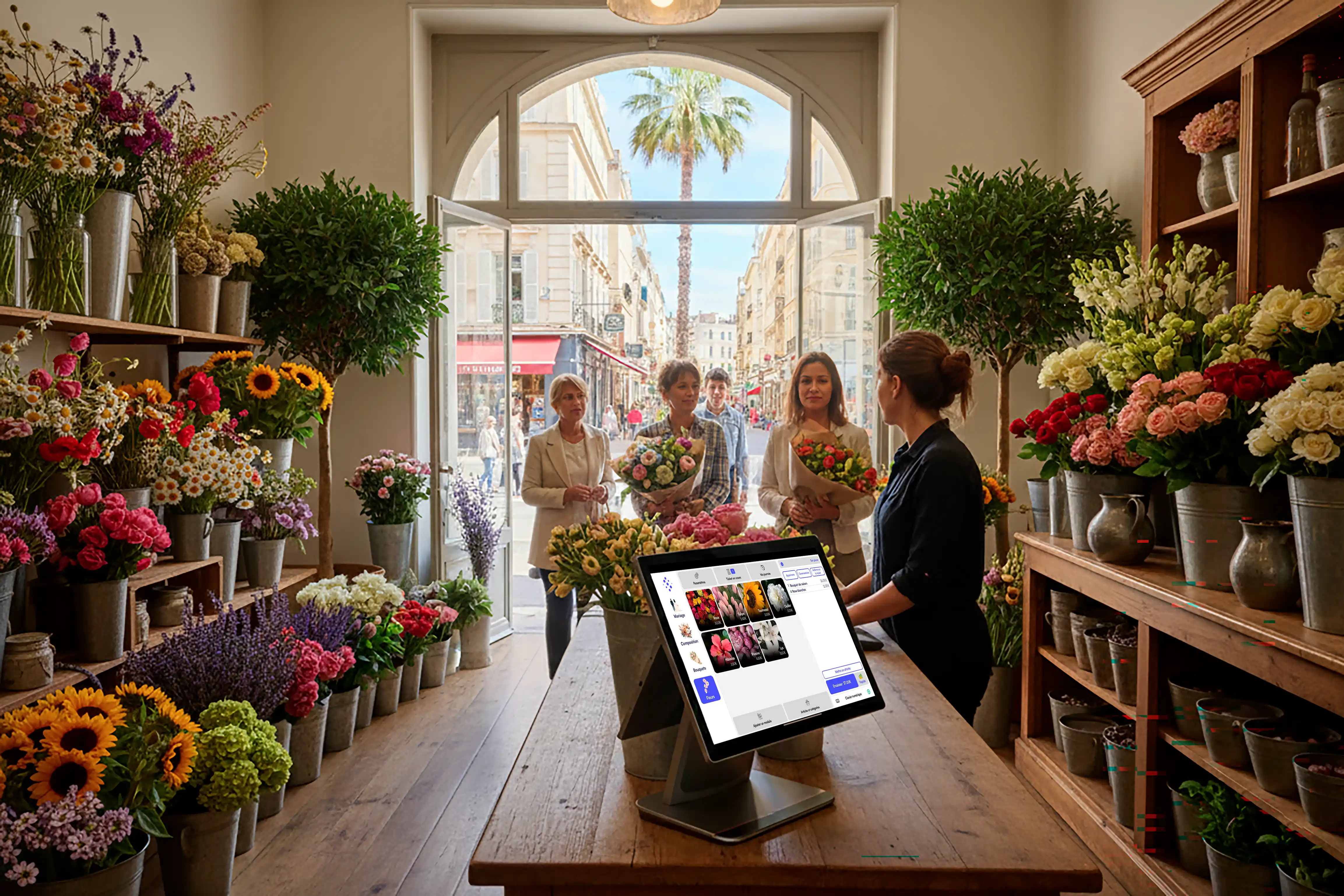Boutique de fleurs avec comptoir bois et caisse tactile, vendeuse servant des clientes près de la porte vitrée.