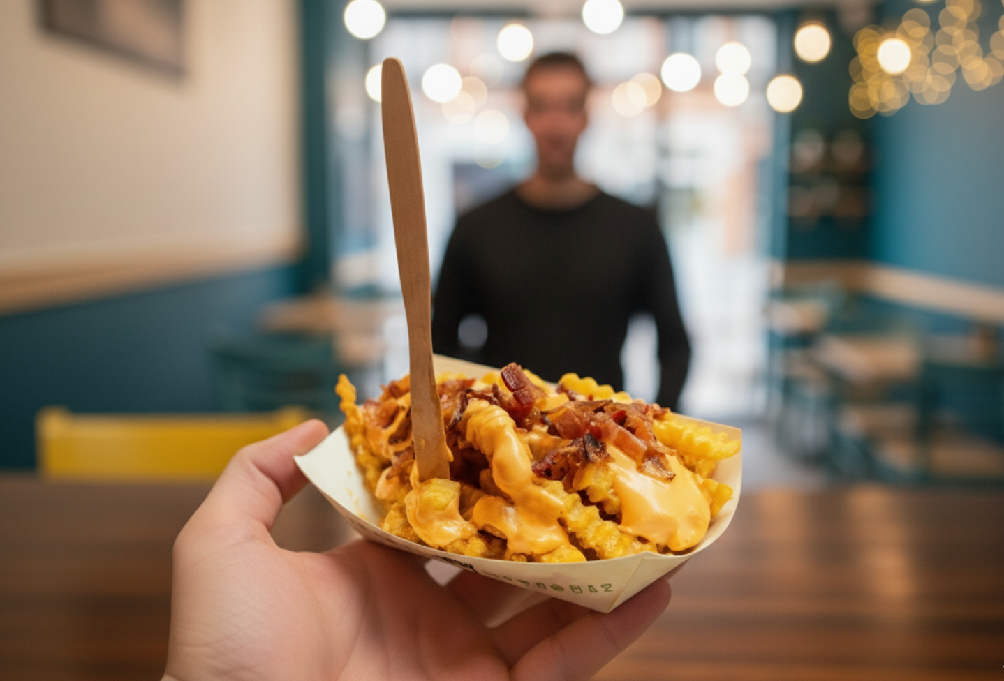 Main tenant un cornet de frites garnies de sauce et bacon dans un restaurant.