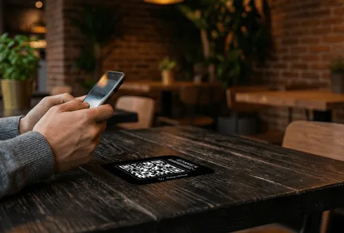 Main tenant un smartphone dans un café avec QR code sur la table en arrière-plan.