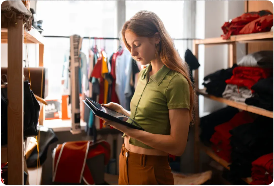 Femme en magasin de vêtements consultant une tablette pour vérifier les stocks ou prix.