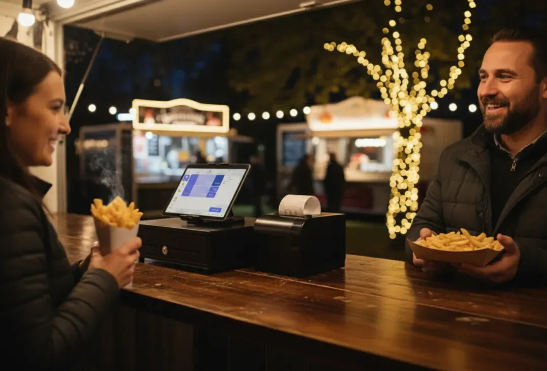 Caisse enregistreuse tactile dans un food truck la nuit, client avec frites face à vendeur souriant.