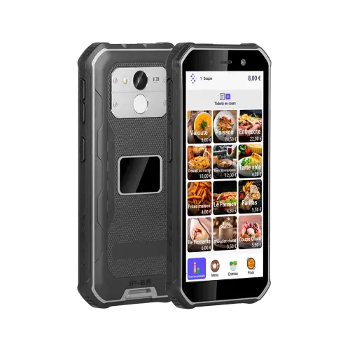 Smartphone robuste affichant une interface de commande de repas avec grille de plats à emporter.