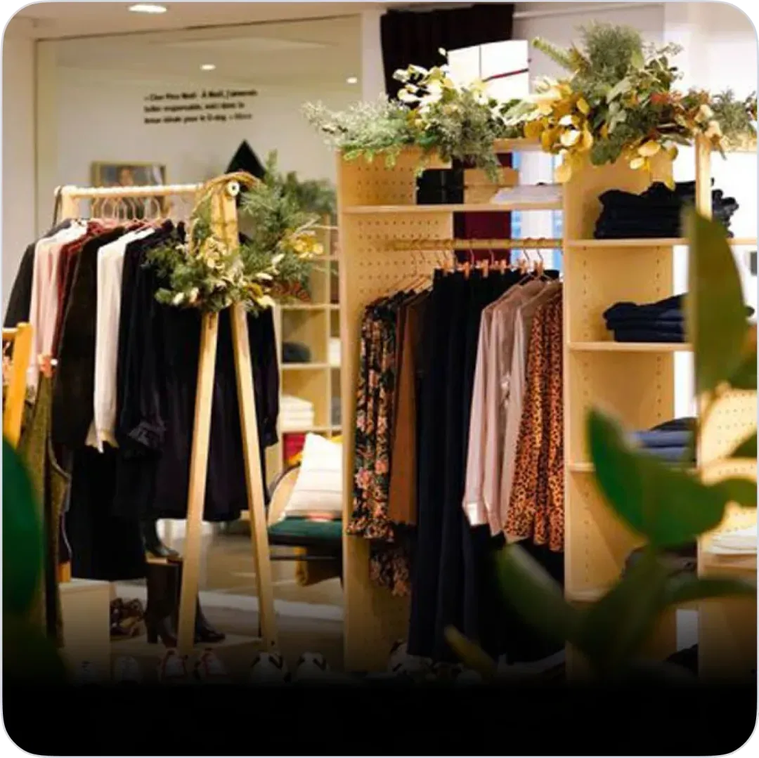 Boutique de vêtements avec portants, étagères en bois naturel et plantes vertes décoratives.
